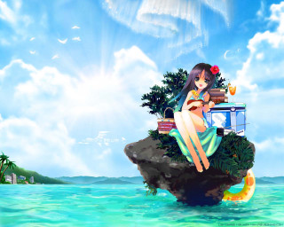 Girl ocean rock book flower - free bikini wallpaper