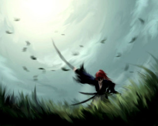 Redhair woman field birds sun - a red hair free wallpaper for desktop