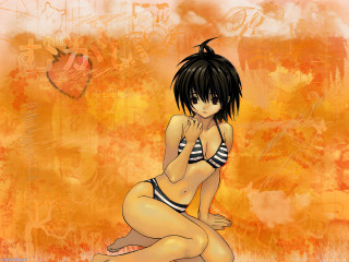 Woman bikini sitting autumn fire - an anime drawing free wallpaper