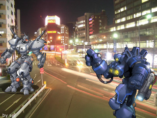 Robots street night cityscape glowing - the street free wallpaper