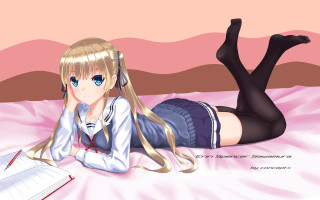 Girl bed book headphones relaxing - anime visual free wallpaper for desktop