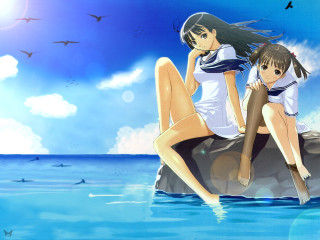 Anime girls rocks water bird - overhead in the sky free wallpaper