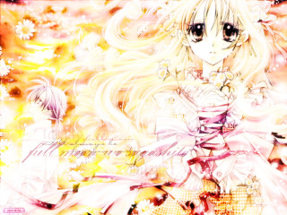 Blonde anime girl flower dress - a man in the background free wallpaper