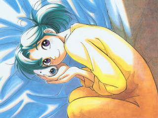 Green haired woman holding white - a yellow dress free wallpaper