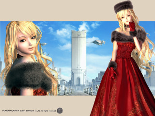 Red dress blonde girls tall - a tall building in the background free wallpaper