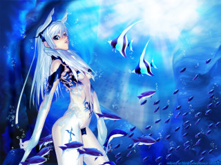 Woman blue underwater fish sword - a white bodysuit free wallpaper