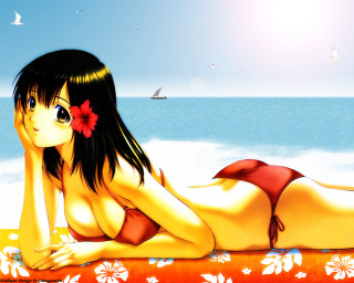 Beach bikini flower bird anime - over her head free wallpaper