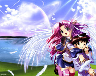 Anime couple hug lake sky - white cloud free wallpaper
