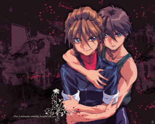 Aya goda keiichi hug anime - a black background behind them free wallpaper