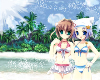 Beach anime girls palm trees - summer free wallpaper for desktop