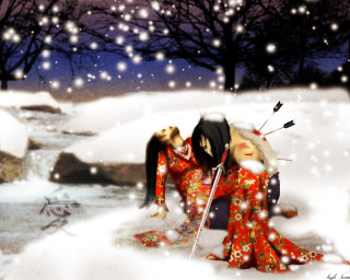 Couple kissing snow aurora christmas - dark fantasy art free wallpaper for desktop