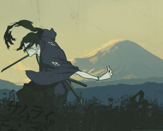 Mountain silhouette sword japanese clothes - ukiyoe free wallpaper for desktop