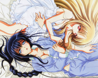 Anime girls bed hug blonde 2 - their arm free wallpaper
