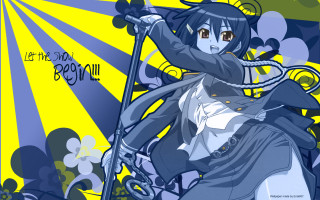 Woman sword bluehair schooluniform yellow - holding free wallpaper for desktop