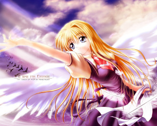 Blonde girl purple dress flying - her right hand free wallpaper
