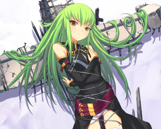 Green haired girl sword building - her hand and a building in the background free wallpaper