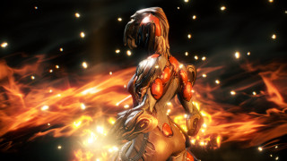 Futuristic woman fire sky glowing - warframe armor free wallpaper