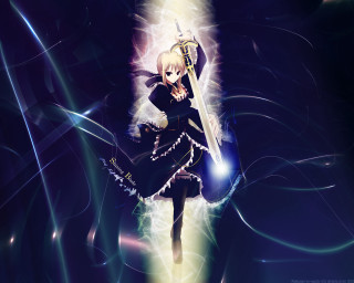Anime saber glowing sword armored - background behind her free wallpaper