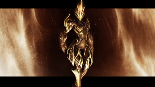 Golden figure black background white - warframe armor free wallpaper