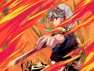 Anime hero flaming sword battle - a red background behind free wallpaper