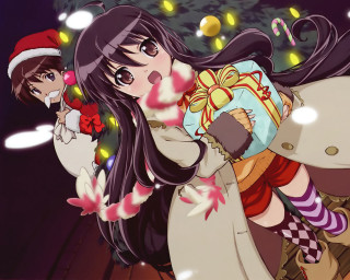 Christmas girls santa hat reindeer - a christmas tree in the background free wallpaper