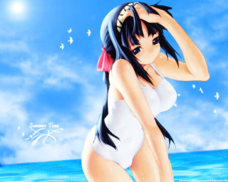 Woman white swimsuit ocean blue - her head free wallpaper