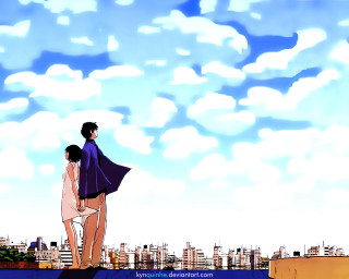 Rooftop couple city skyline manga - city background free wallpaper