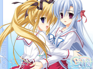 Anime girls hug long blonde - their arm free wallpaper