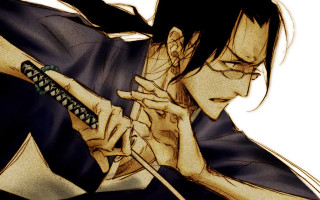 Man holding sword glasses japanese - hand free wallpaper