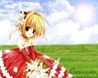 Girl red dress field flower - her hair and a flower free wallpaper