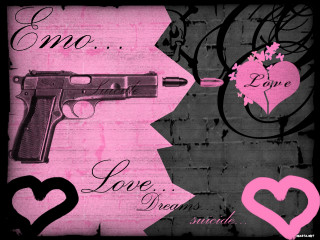 Pink black gun hearts brick - punk art free wallpaper