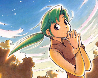 Green hair girl starry sky - a cartoon of a girl free wallpaper