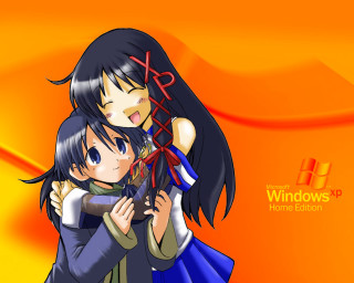 Anime hugging girls orange background - a background free wallpaper