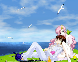 Anime girls grassfield seagulls birds - anime art free wallpaper for desktop