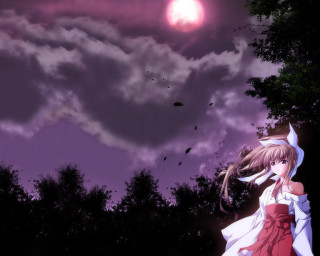 Girl red dress moonlit forest - a purple sky free wallpaper