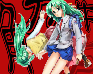 Green haired girls school uniform - past free wallpaper
