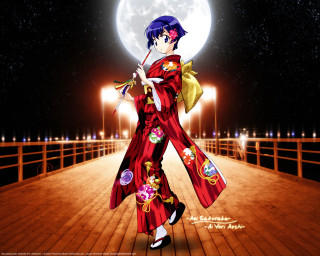 Kimono woman night fullmoon sky - a pier free wallpaper for desktop