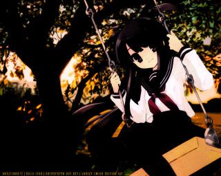 Girl swing shade autumn leaves - an anime drawing free wallpaper
