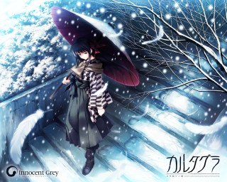 Snowy umbrella gothic manga kimono - tree and snow free wallpaper