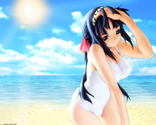 Woman beach white suit sunny - a sun in the background free wallpaper for desktop