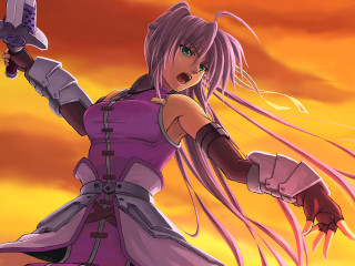 Woman sunset armor sword pinkhair - cel free wallpaper for desktop