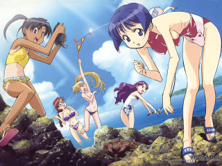 Anime girls beach bikinis sky - a rocky beach free wallpaper