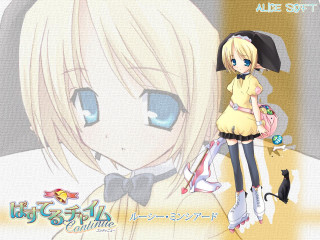 Anime girl cat portrait blonde - her shoulder and a cat free wallpaper