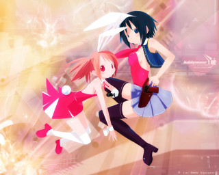 Anime girls dance rabbit ears - a yellow background behind them free wallpaper