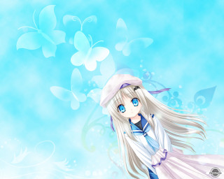 White haired girl blue background - net art free wallpaper