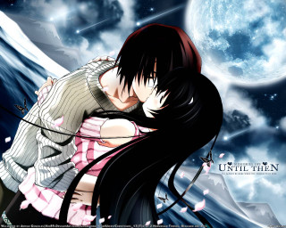 Full moon kissing couple anime - the sky behind them free wallpaper