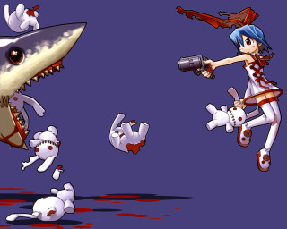 Cartoon shark attack gun dog - his hand and a dog free wallpaper