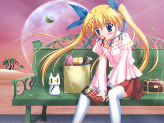 Girl bench cat pinksky moon - a bench free wallpaper