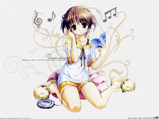 Girl sitting music notes headphones 2 - an anime drawing free wallpaper