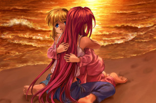 Beach two girls blonde blue - classical free wallpaper